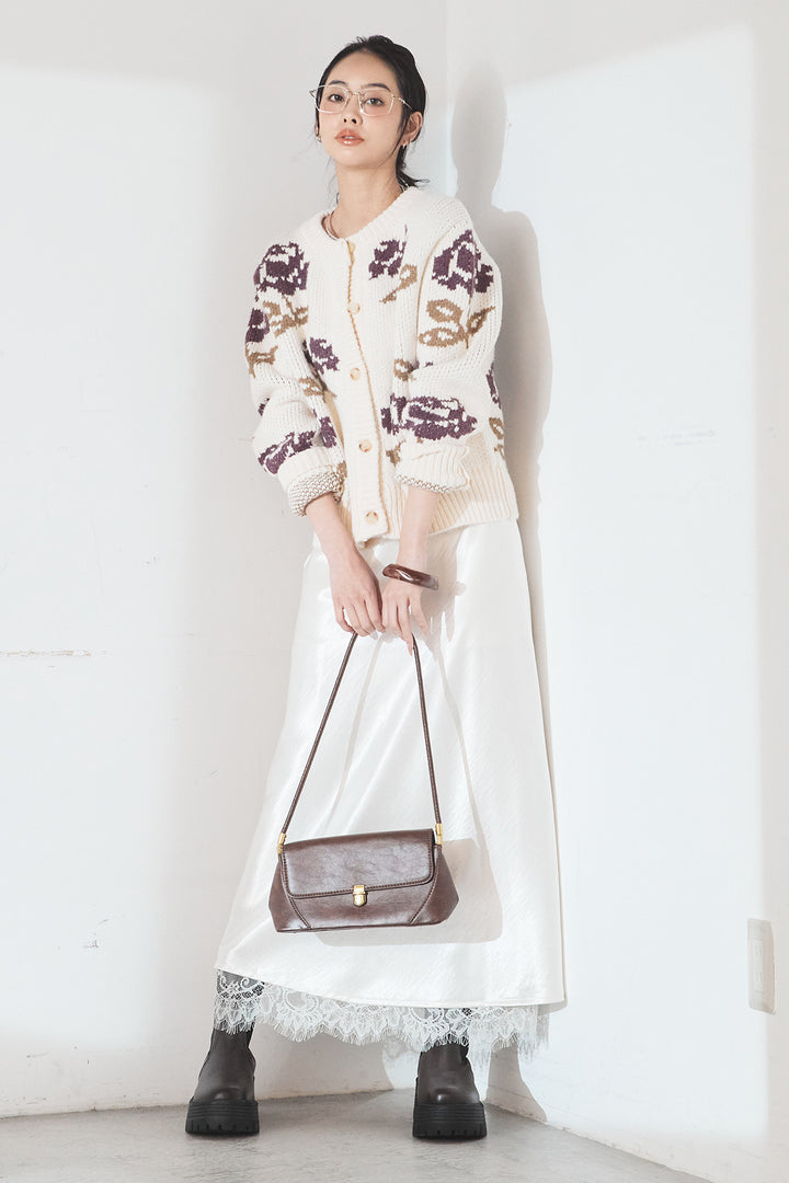 [SET]花柄ジャガードニットカーディガン+裾レースデザインサテンスカート(2set)
