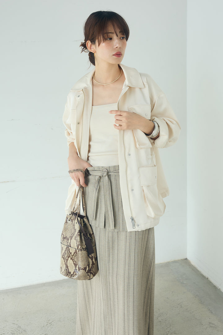 [SET]サテンライトブルゾン+ラップ巻きピンストライプワイドスカート(2set)