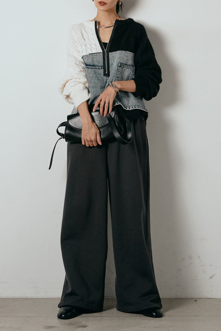 [SET]ハーフジップニットデニムドッキングトップス+裏起毛スウェットワイドパンツ(2set)