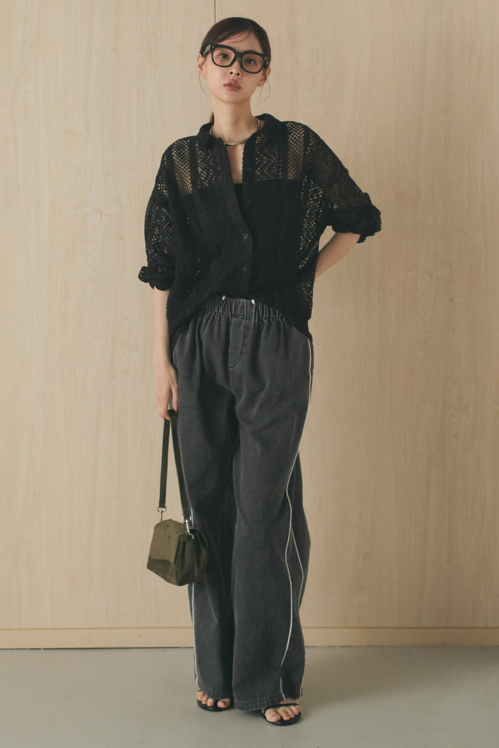 [SET]長袖襟付きレースシャツ+ドロストサイドラインデニムパンツ(2set)
