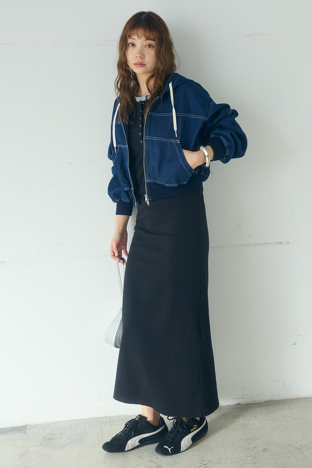 [SET]デニムダブルジップパーカーブルゾン+レイヤード見えヘンリーネックロングワンピース(2set)