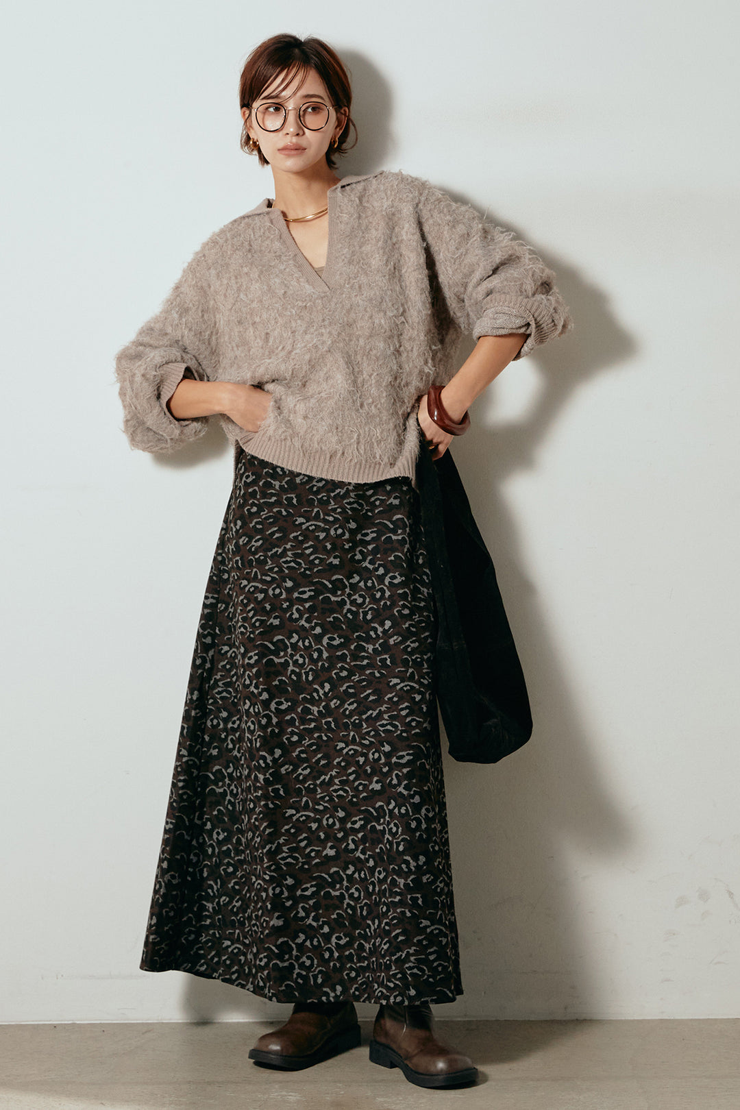 [SET]襟付きシャギーニットポロトップス+レオパードロングスカート(2set)