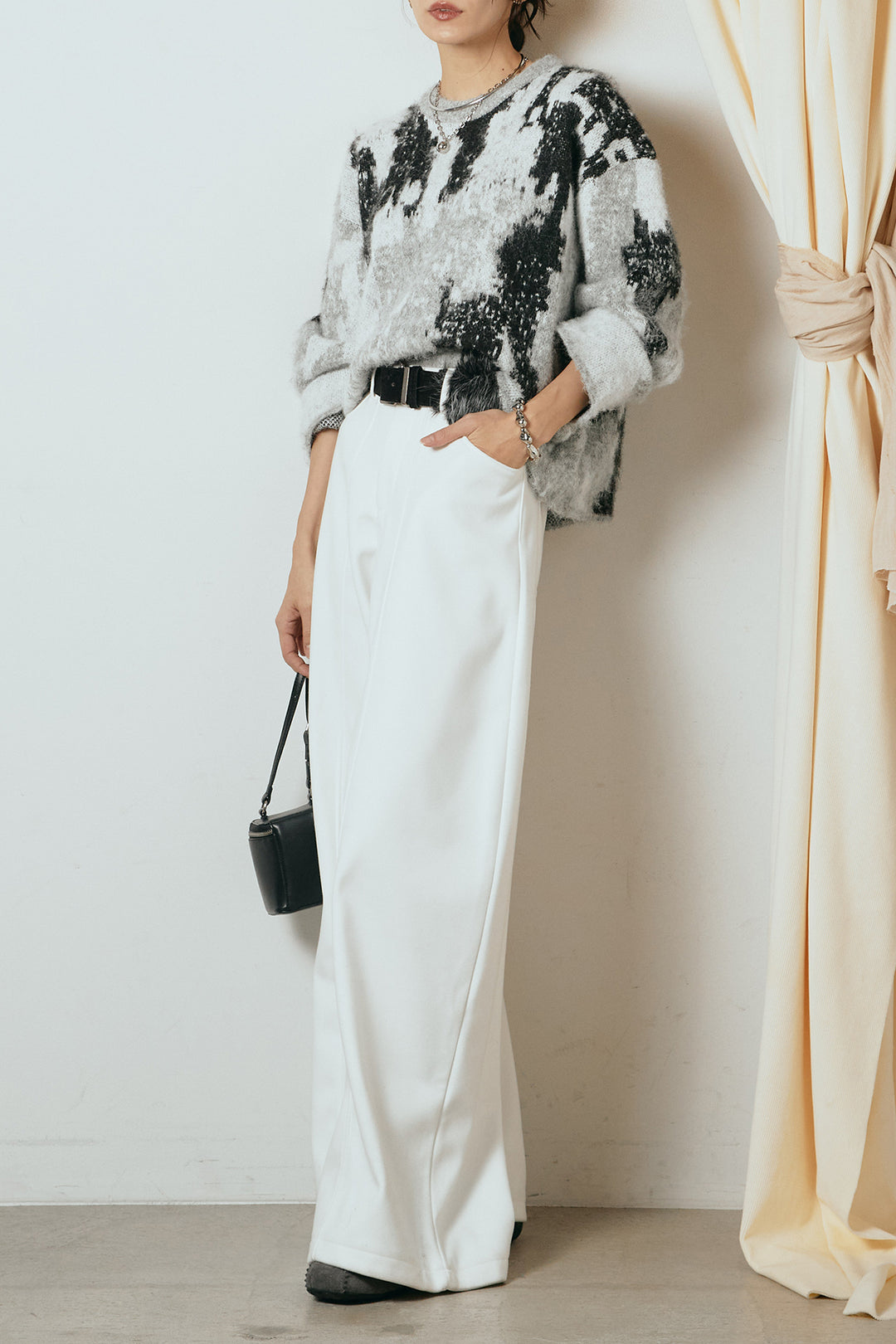[SET]起毛ニュアンス柄ニットプルオーバー+ファーベルト付きワイドパンツ(2set)