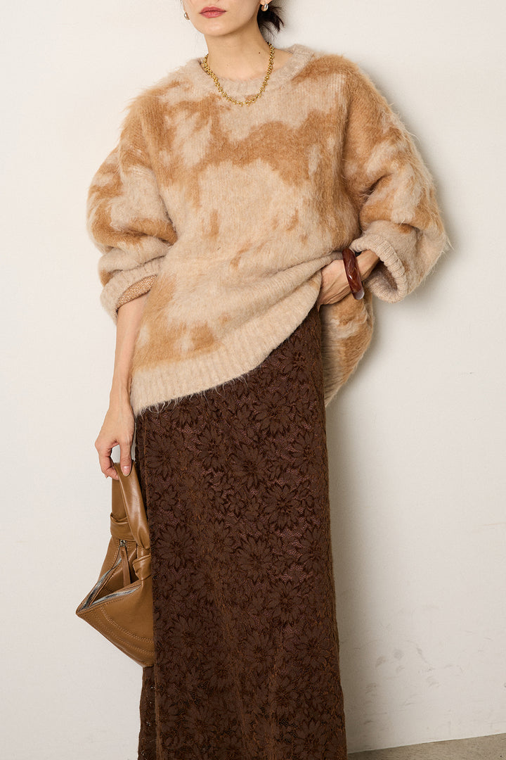 [SET]モヘアタッチマーブルニット+花柄刺繍ベロアフレアスカート(2set)