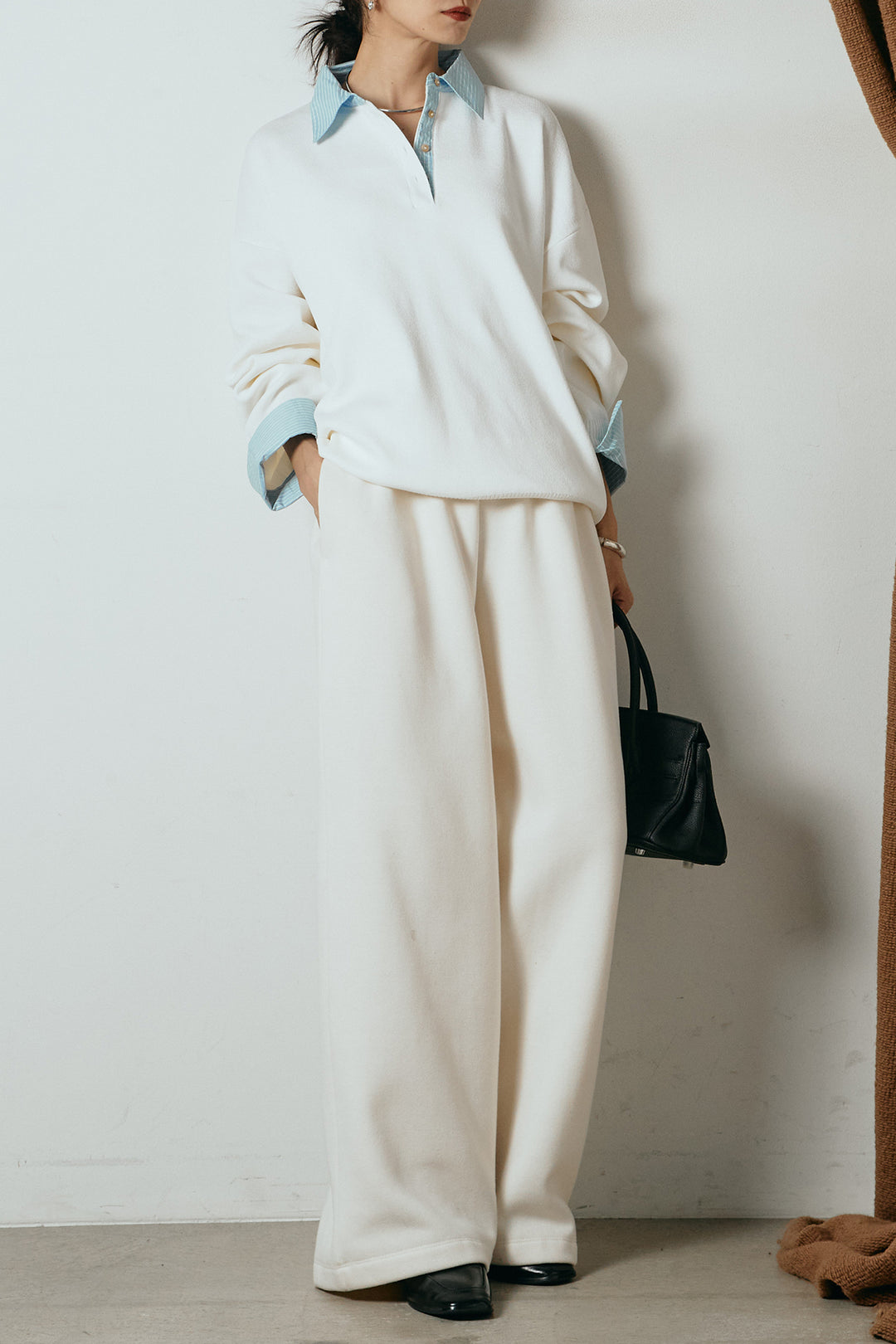 [SET]ストライプシャツドッキングポロトップス+裏起毛スウェットワイドパンツ(2set)