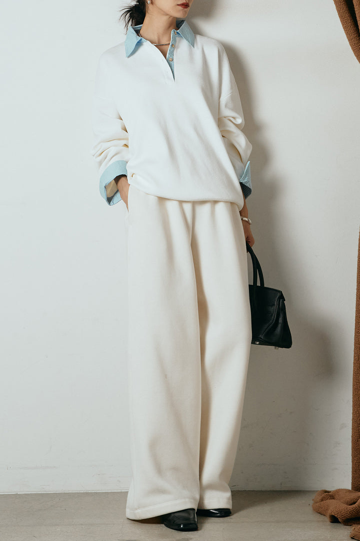 [SET]ストライプシャツドッキングポロトップス+裏起毛スウェットワイドパンツ(2set)