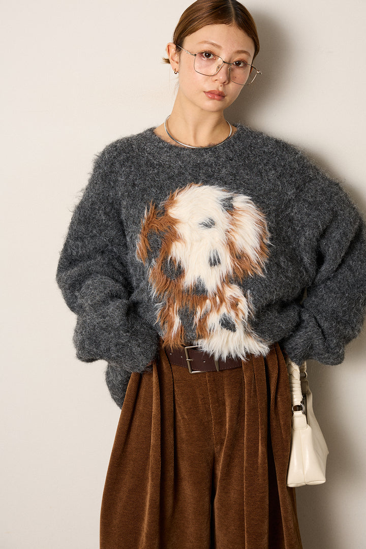 [SET]シャギーニュアンスアニマルニット+ベルトループコーデュロイワイドパンツ(2set)