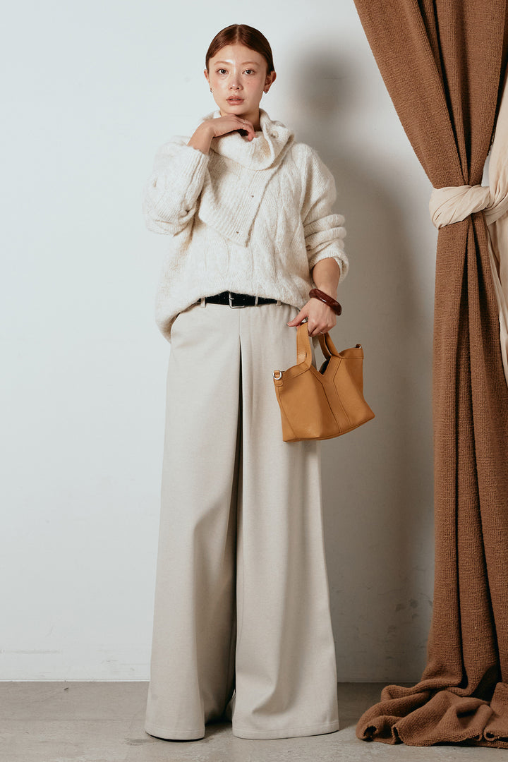 [SET]ケープデザインケーブルニットトップス+ベルト付きフロントタックデザインパンツ(2set)