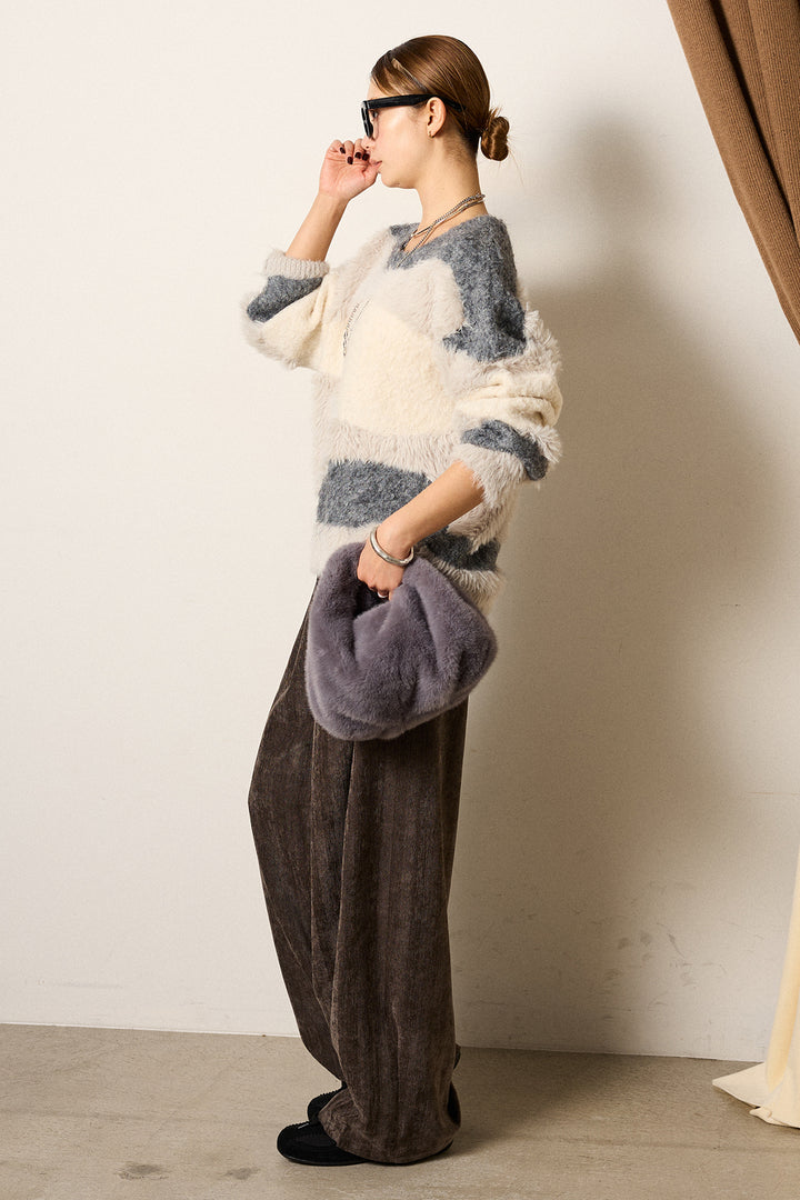 [SET]シャギーウェーブ柄クルーネックニットトップス+かすれデザインワイドパンツ(2set)