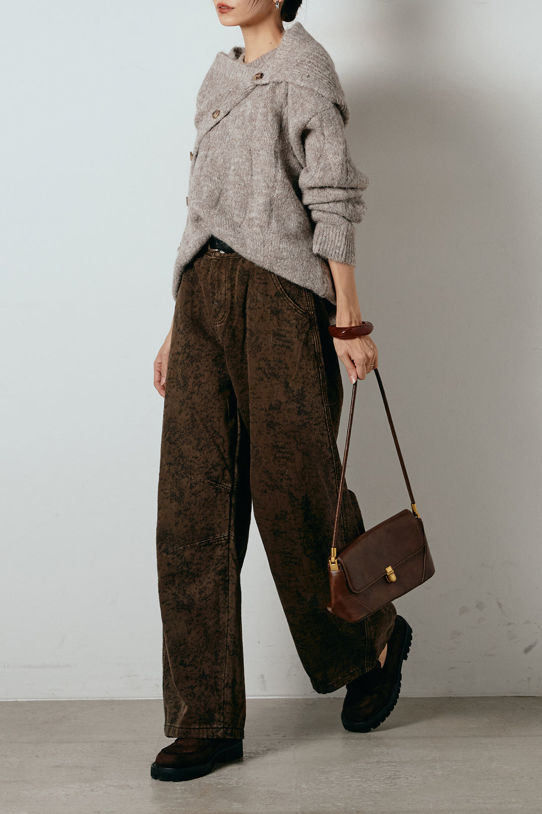 [SET]ケープデザインケーブルニットトップス+ベルト付きニュアンス柄カーブワイドパンツ(2set)