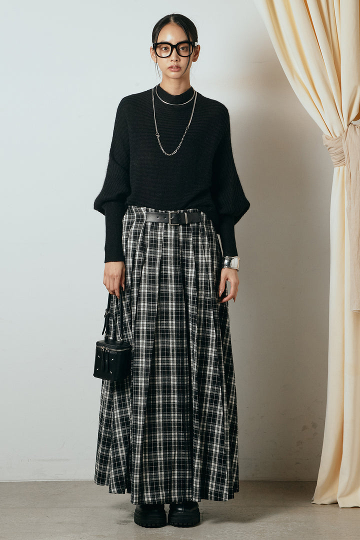 [SET]ポンチョシルエット透かしニットトップス+ベルト付きタータンチェックプリーツスカート(2set)