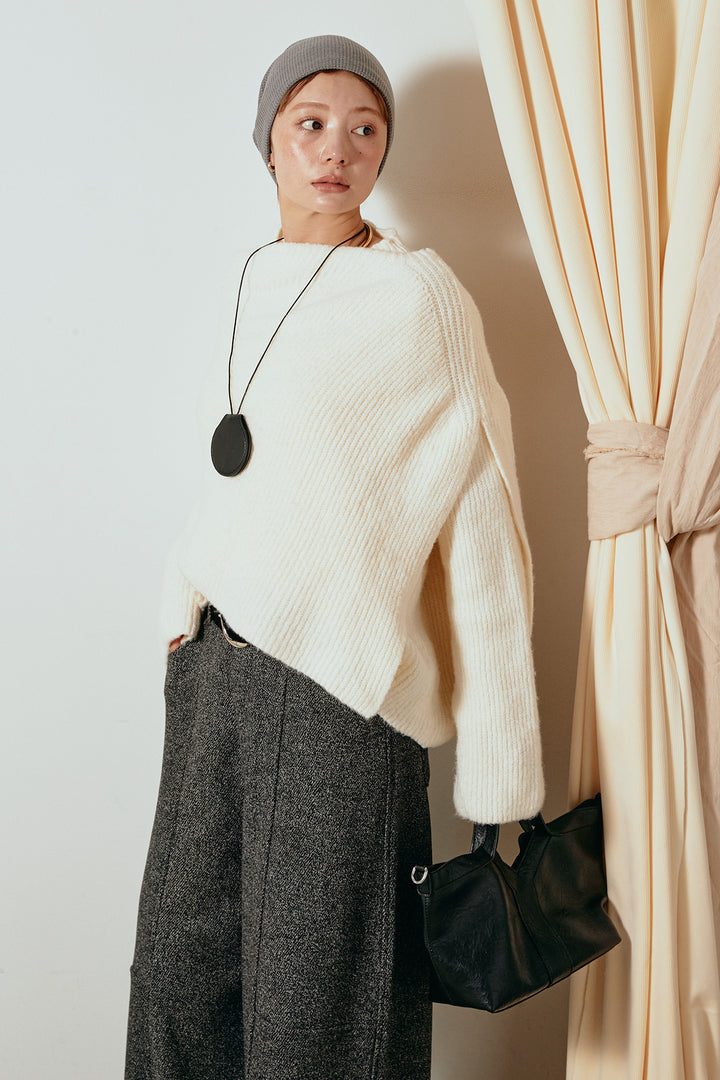 [SET]ケープデザインリブニットトップス+太ベルト付きツイードワイドパンツ(2set)