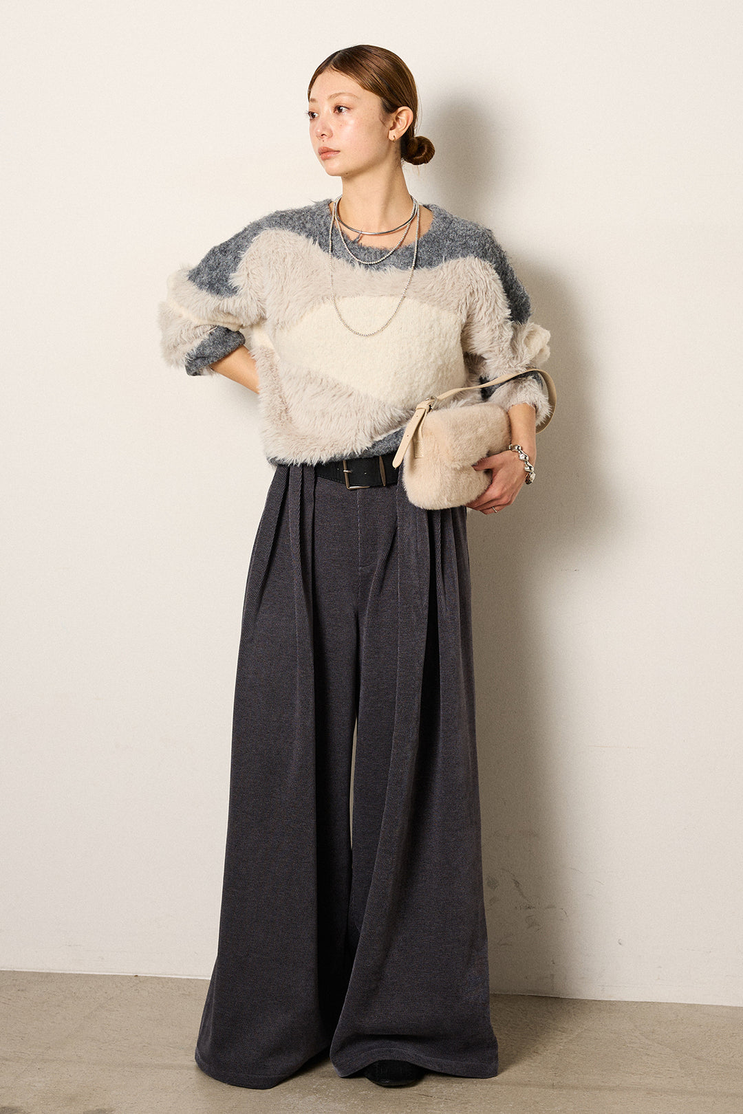 [SET]シャギーウェーブ柄クルーネックニットトップス+ベルトループコーデュロイワイドパンツ(2set)