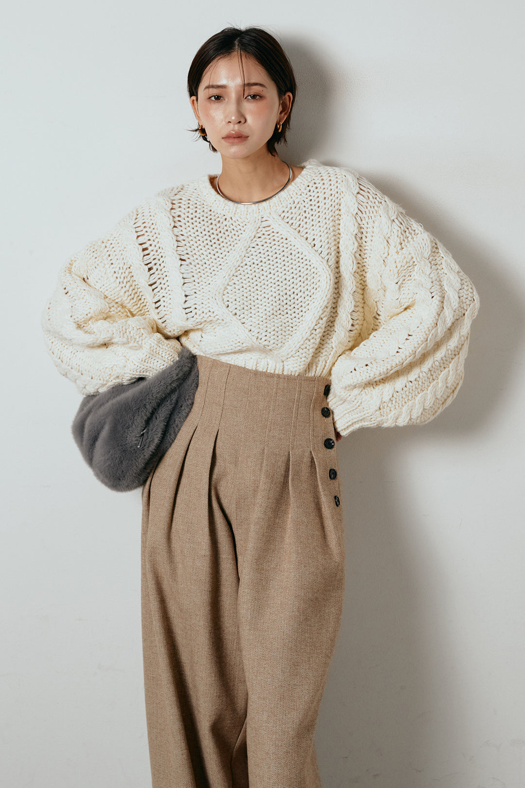 [SET]ロービングケーブルショート丈プルオーバー+サイドボタンツイードタックパンツ(2set)