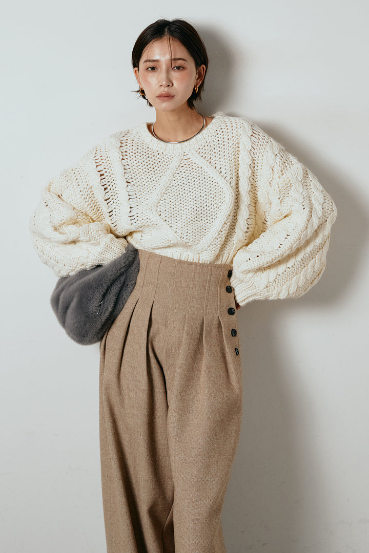 [SET]ロービングケーブルショート丈プルオーバー+サイドボタンツイードタックパンツ(2set)