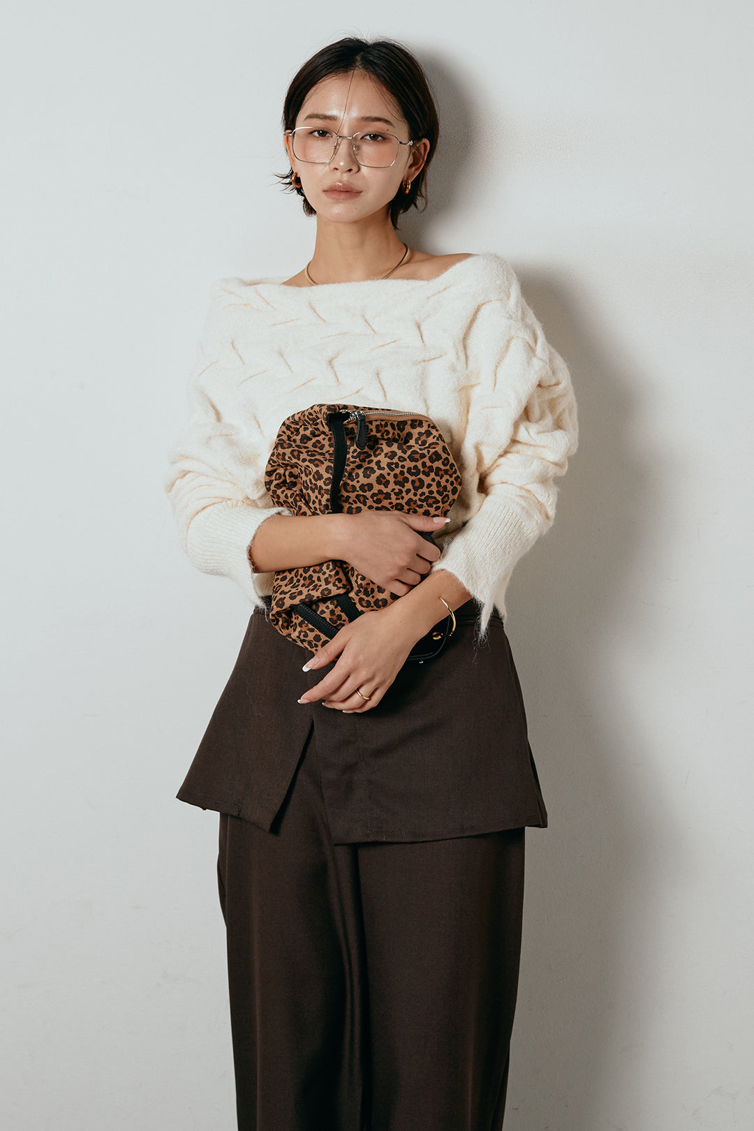 [SET]ボートネックニットトップス+ベルト付きウエストデザインパンツ(2set)