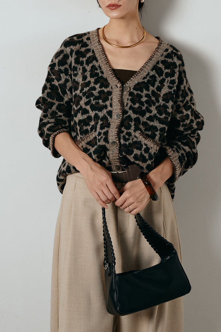 [SET]ステッチデザインレオパードニットカーディガン+ポーチベルト付きカーブパンツ(2set)