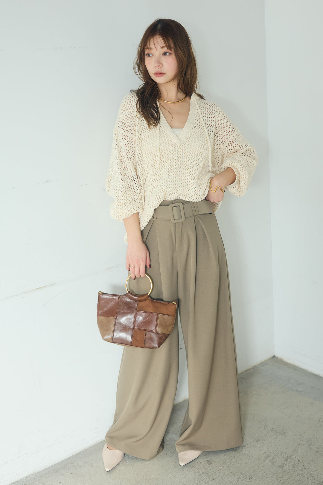 【即納】ミックスメッシュキーネックプルオーバー
