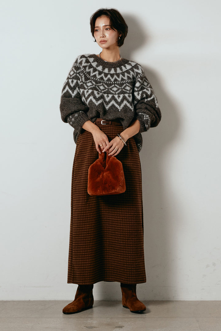 [SET]ノルディック柄Uネックプルオーバー+スエード調ベルト付きチェックナロースカート(2set)