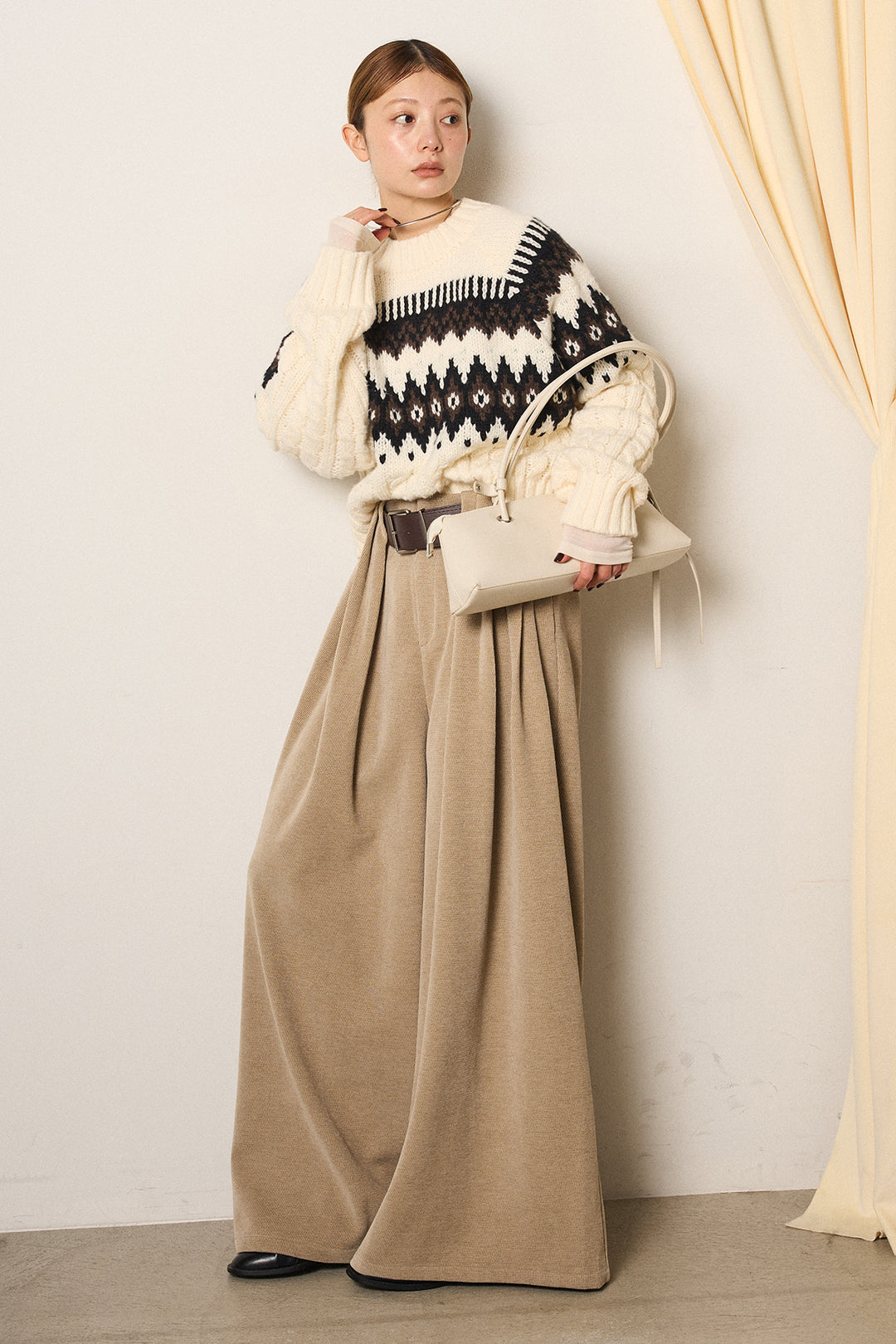 [SET]2WAY求心柄ジャガードショートカーディガン+ベルトループコーデュロイワイドパンツ+2WAY袖コード刺繍クルーネックプルオーバー(3set)