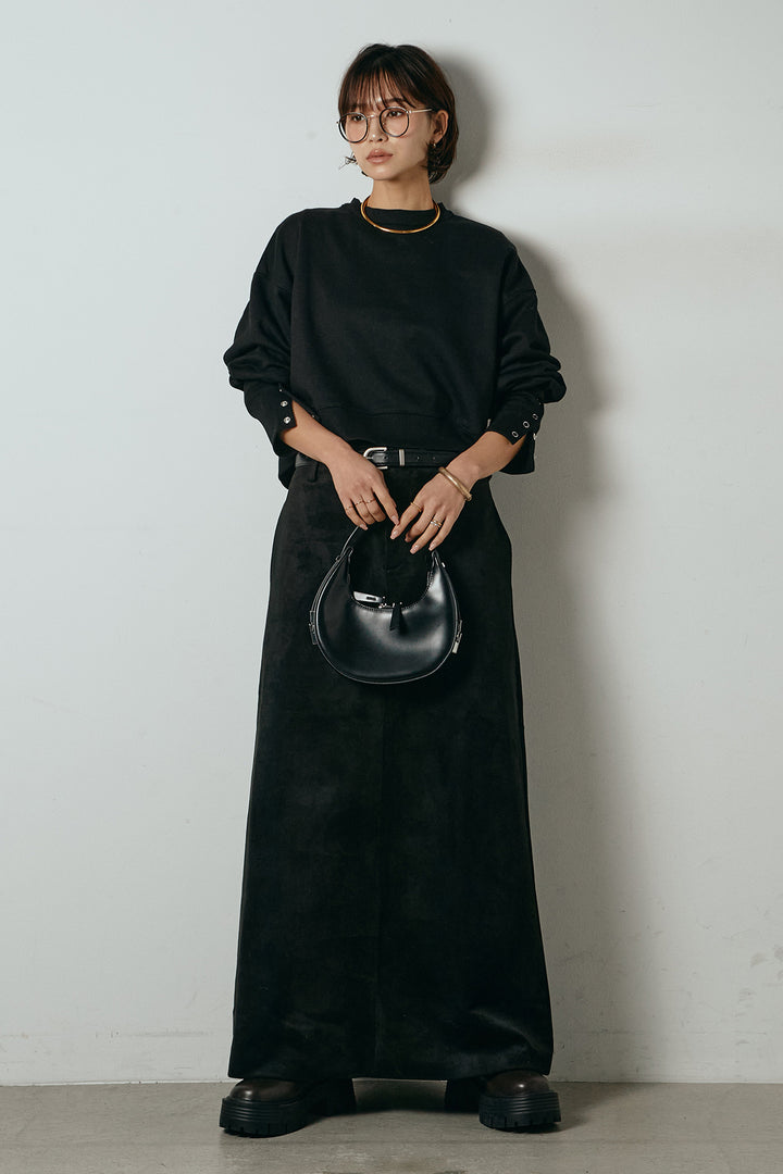 [SET]裏毛バックオープンプルオーバー+エコスウェードワイドスカート+ストレッチレースクルーネックインナー(3set)