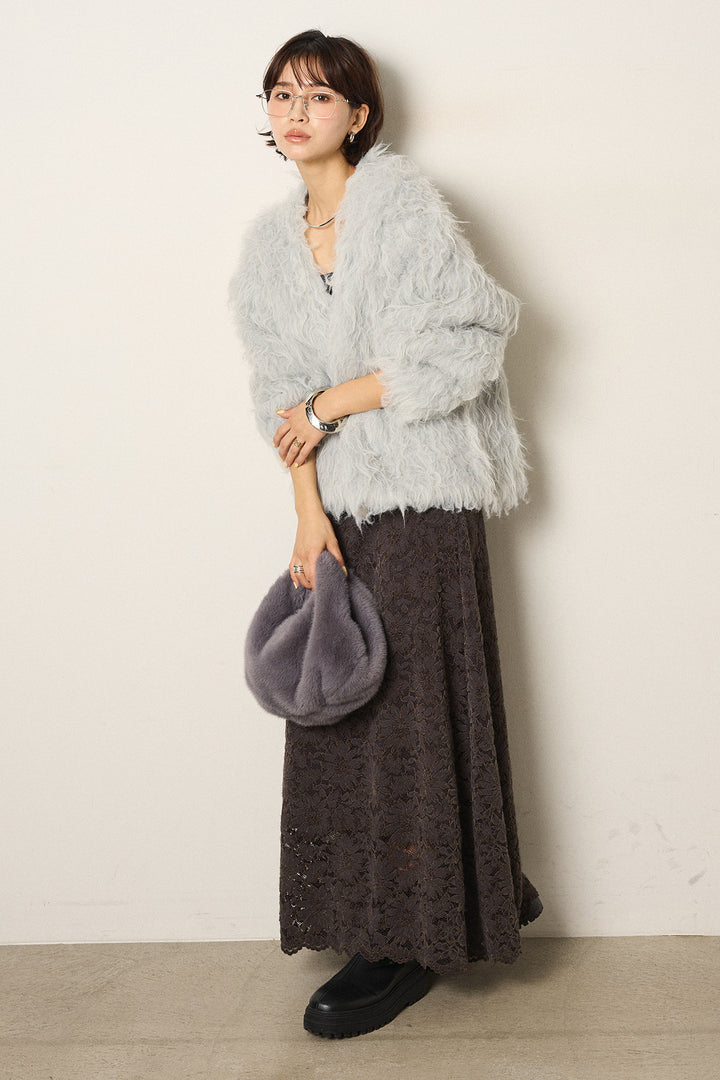 [SET]起毛シャギーニットカーディガン+花柄刺繍ベロアフレアスカート(2set)