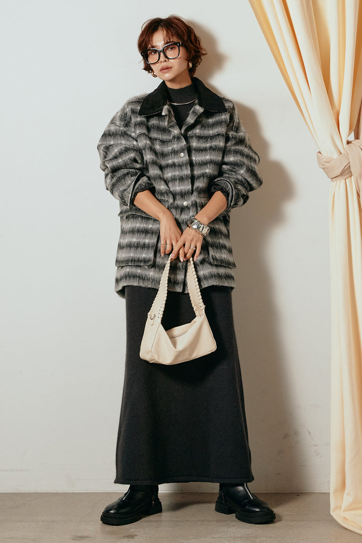 [SET]チェックシャギーミドルカバーオール+ノースリーブニットロングワンピース(2set)