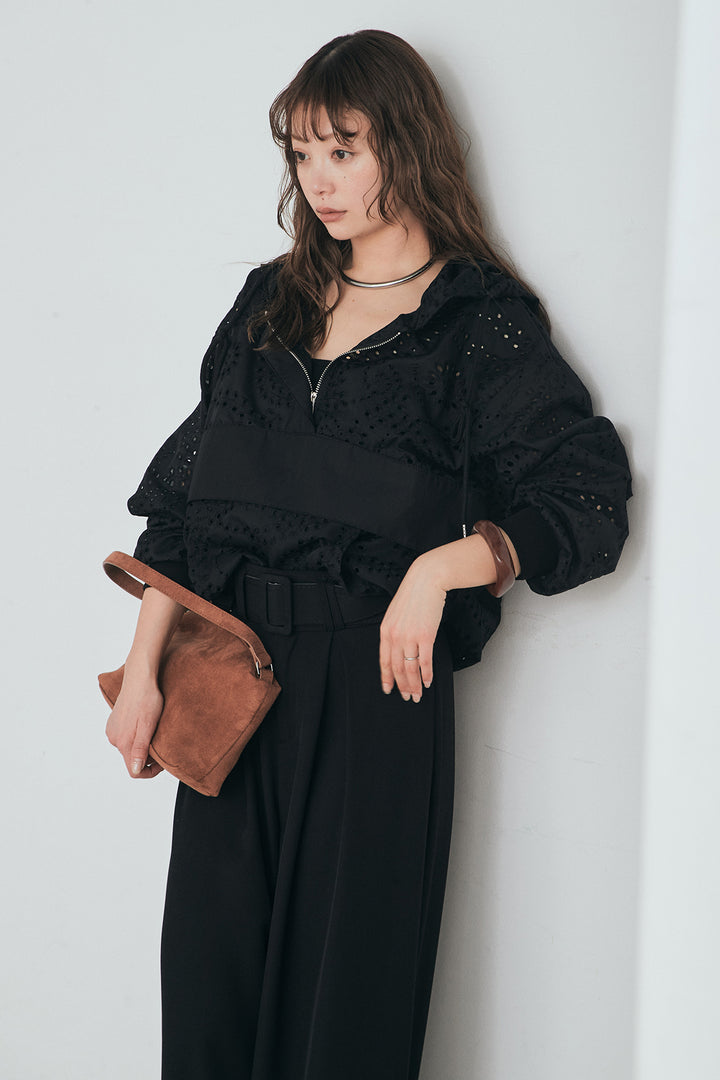 [SET]レースハーフジップアップフーディー+ベルト付きツータックワイドパンツ(2set)