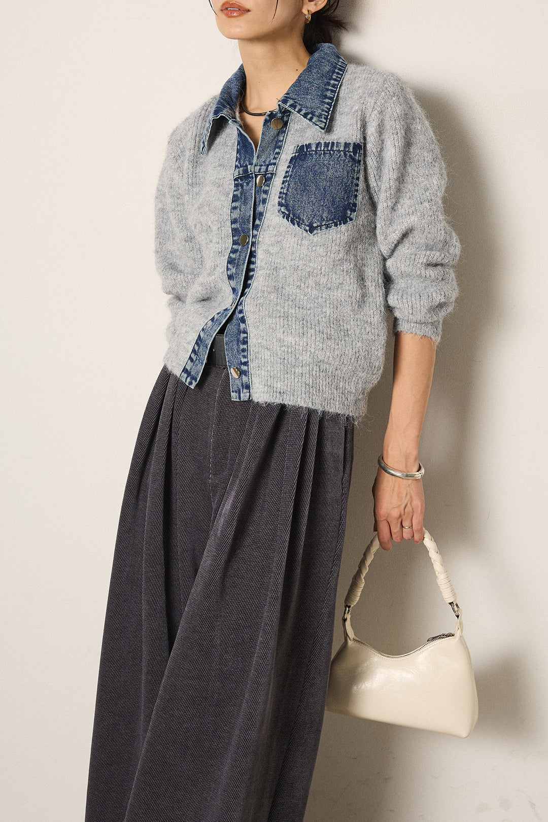 [SET]襟付きデニム切替ニットカーディガン+ベルトループコーデュロイワイドパンツ(2set)