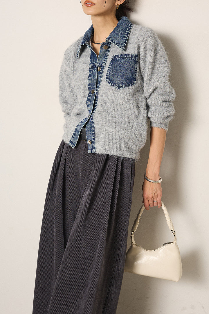 [SET]襟付きデニム切替ニットカーディガン+ベルトループコーデュロイワイドパンツ(2set)
