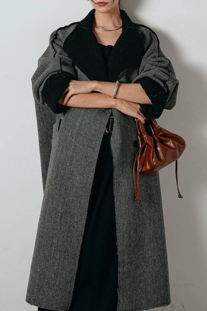 [SET]裏地ボアハイネックロングアウター+フェイクレザー太ベルト付きタックワイドパンツ(2set)