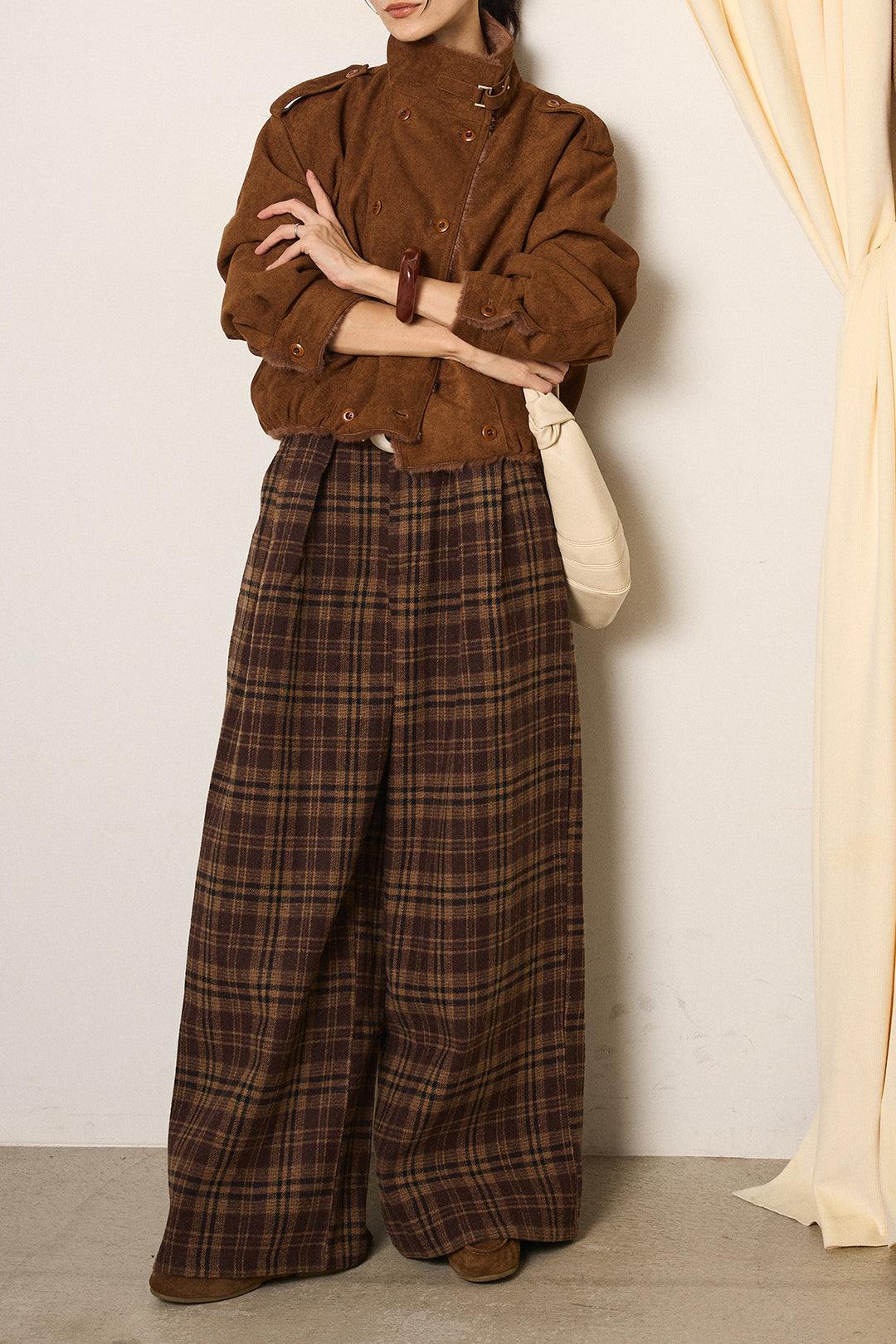 [SET]スタンド襟スウェードライクアウター+スタッズデザインベルトタータンチェックパンツ(2set)