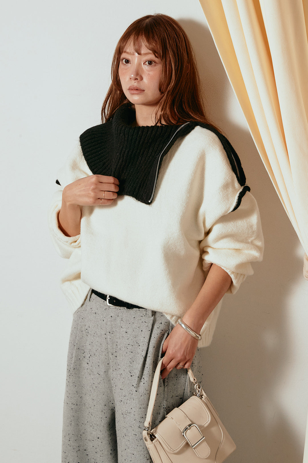 [SET]ハイネックジップデザインニットトップス+ベルト付きネップツイードカーブパンツ(2set)