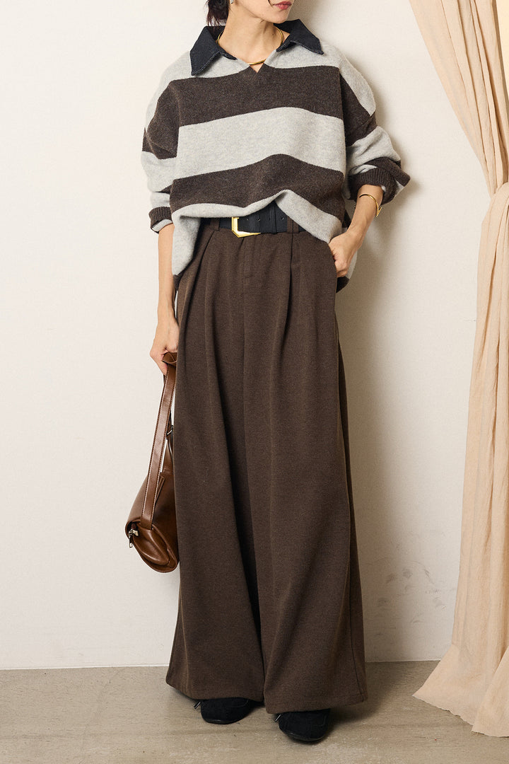 [SET]デニムカラーボーダールーズニット+ゴールドバックル太ベルト付きワイドパンツ(2set)