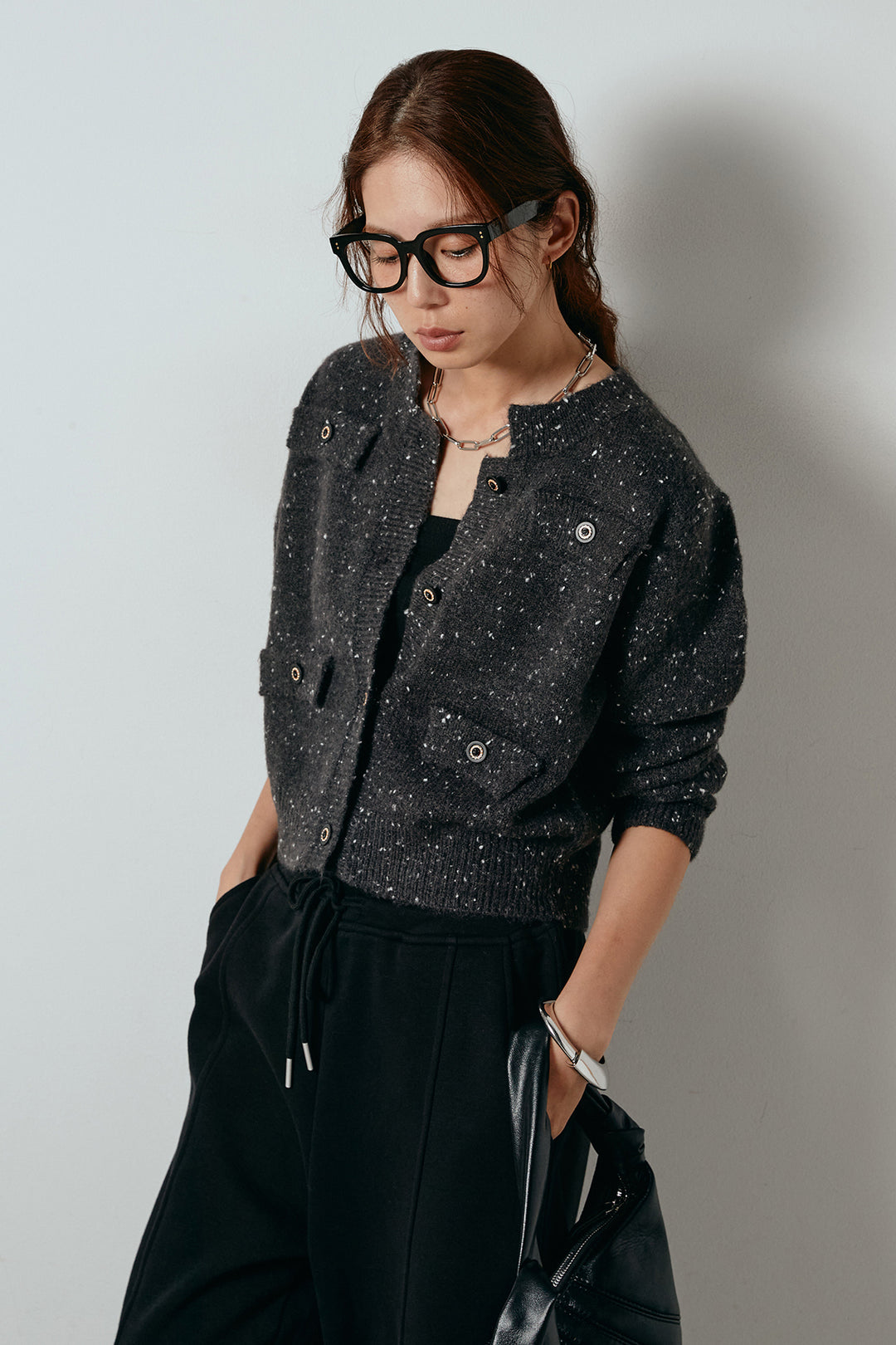 [SET]ネップニットカーディガン+スウェットワイドカーブパンツ(2set)