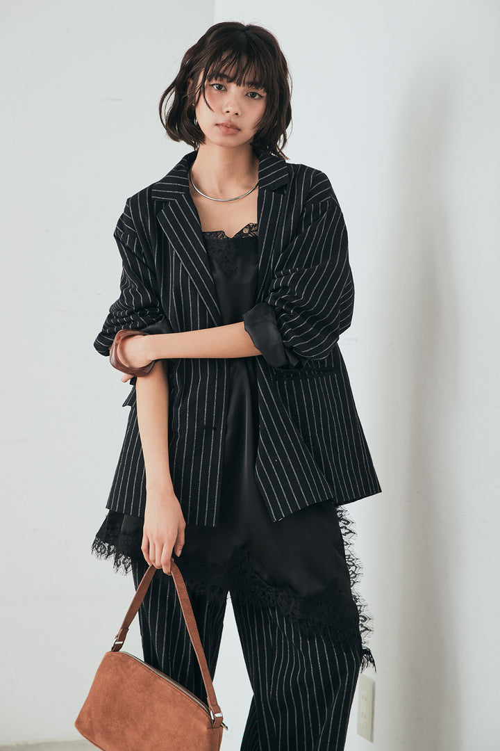 [SET]リネンライクストライプテーラードジャケット+リネンライクストライプタックイージーパンツ+サテンレースアシメキャミ(3set)