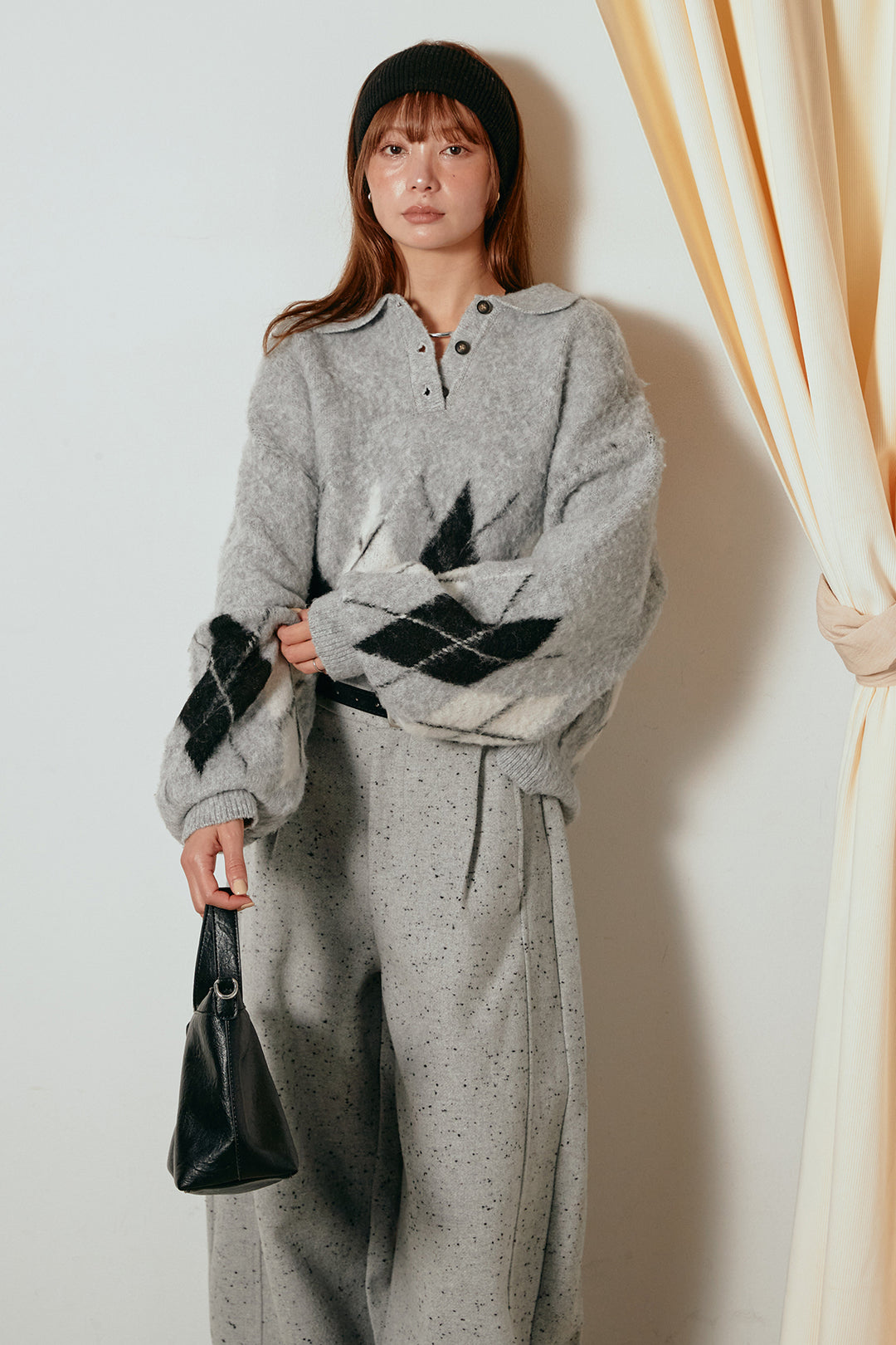 [SET]アーガイル柄ポロニットトップス+ベルト付きネップツイードカーブパンツ(2set)