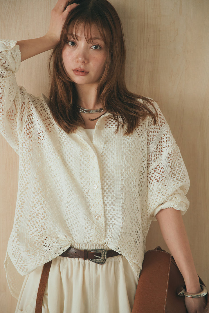 [SET]長袖襟付きレースシャツ+ポケットタックフォルムパンツ(2set)