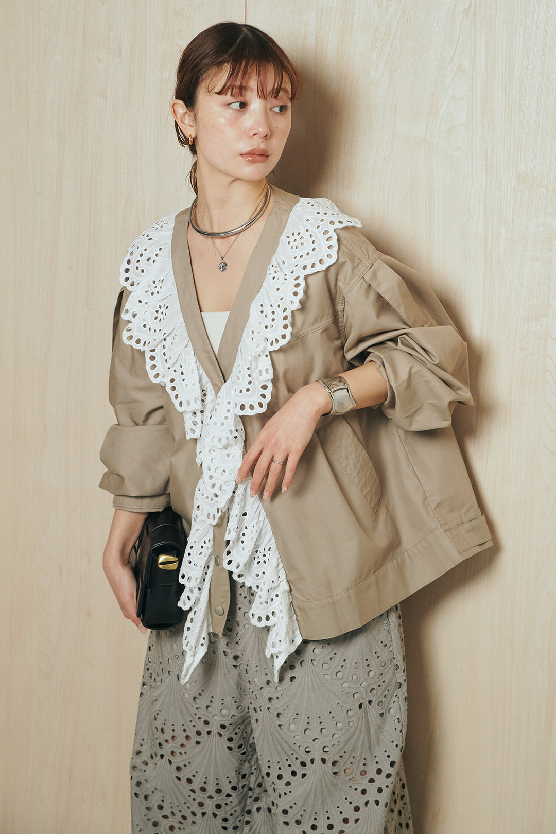 [SET]レースフリルドッキングアウター+レース刺繍リラックスパンツ(2set)