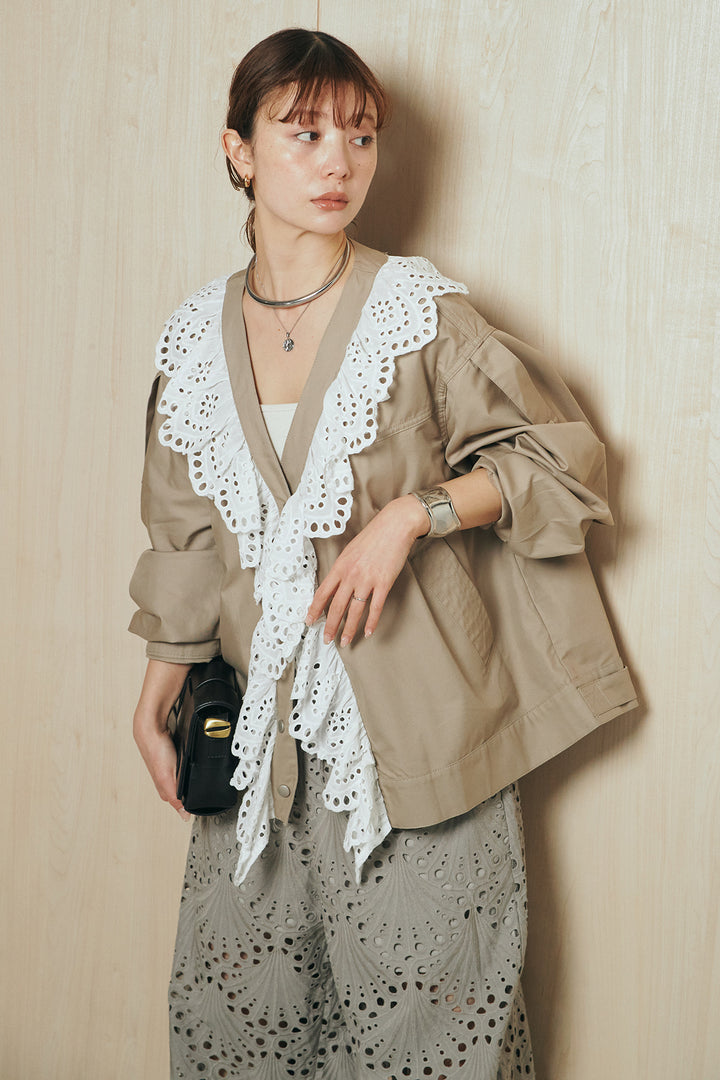 [SET]レースフリルドッキングアウター+レース刺繍リラックスパンツ(2set)