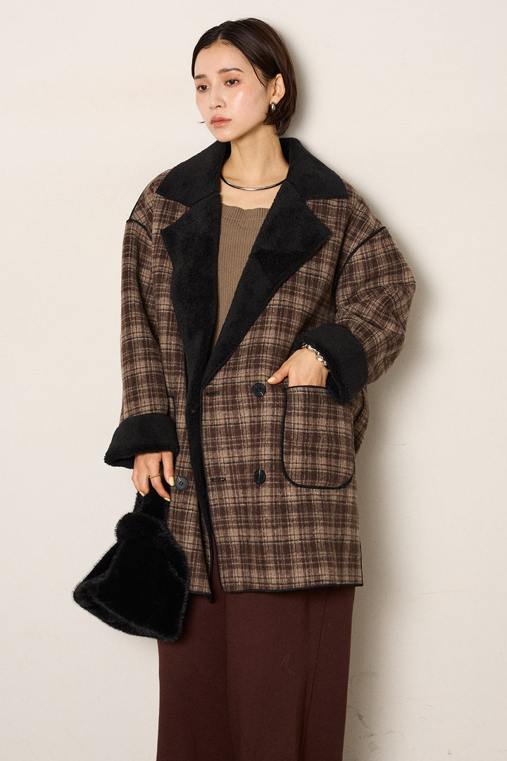 [SET]裏地ボアタータンチェック柄ミディアムコート+裏起毛スウェットワイドパンツ(2set)