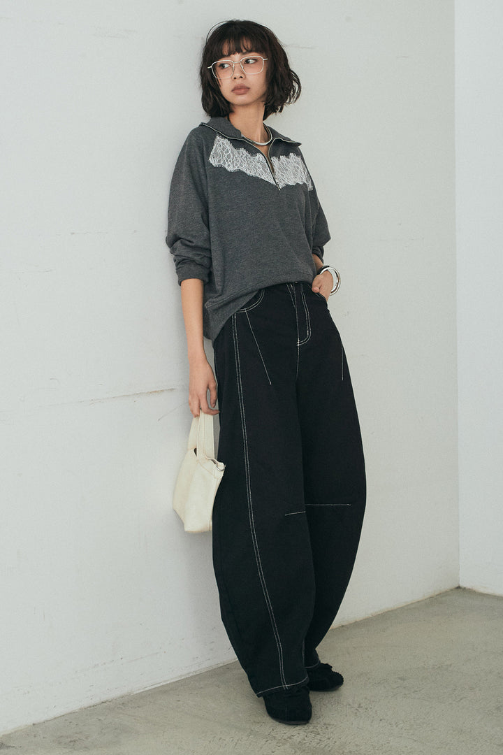 [SET]リバーレースハーフジップ裏毛スウェット+ツイル配色ステッチバレルパンツ(2set)
