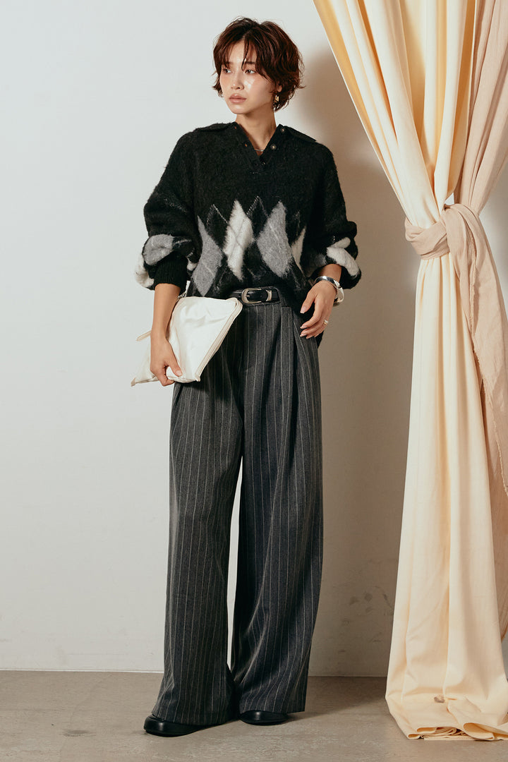 [SET]アーガイル柄ポロニットトップス+ストライプヘリンボーンパンツ(2set)