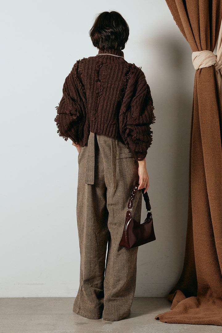 [SET]フリンジタートルショートニット+クラシックヘリンボーンサロペット(2set)