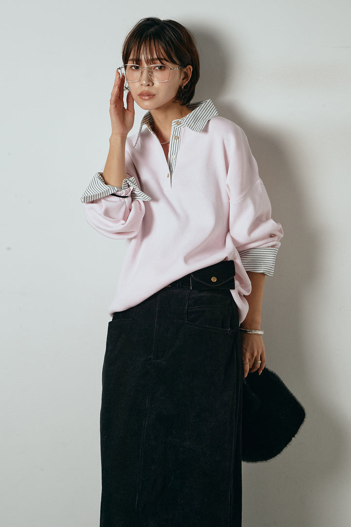 [SET]ストライプシャツドッキングポロトップス+ポーチベルト付きコーデュロイワイドスカート(2set)