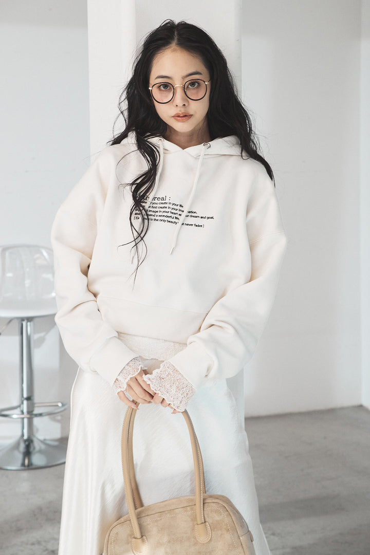 [SET]裏起毛レタリング刺繍フーディショートプルオーバー+ストレッチレースクルーネックインナー(2set)