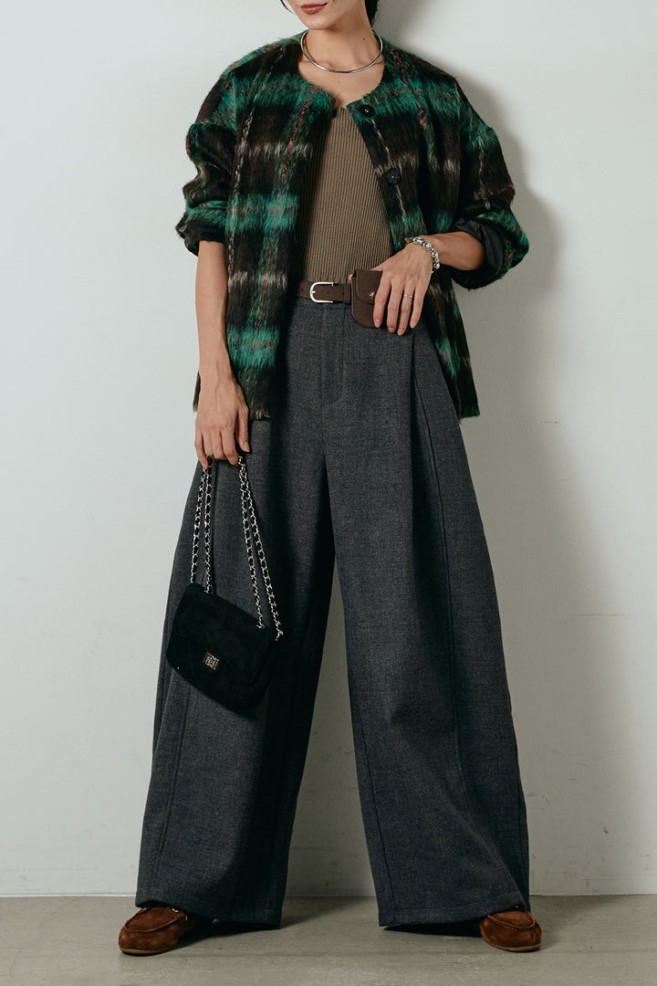 [SET]ノーカラーシャギーチェックアウター+ポーチベルト付きカーブパンツ(2set)