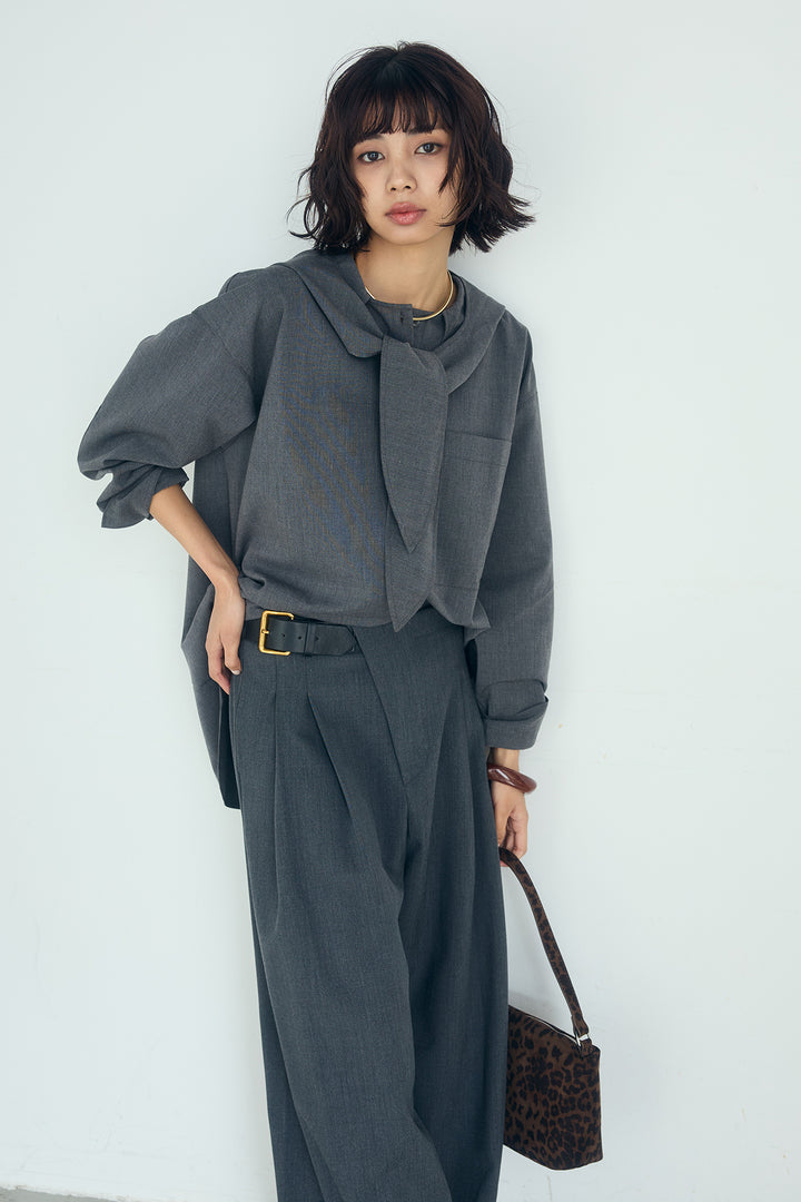 [SET]無地タイ付フーディーBIGシャツ+サイドベルトタック入りスラックス(2set)