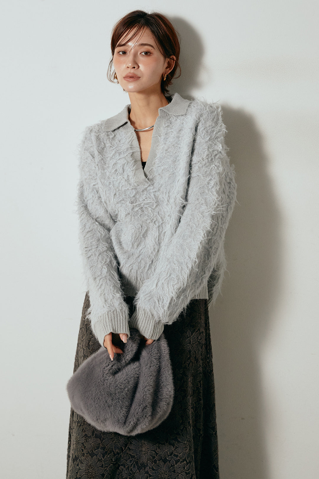 [SET]襟付きシャギーニットポロトップス+花柄刺繍ベロアフレアスカート(2set)