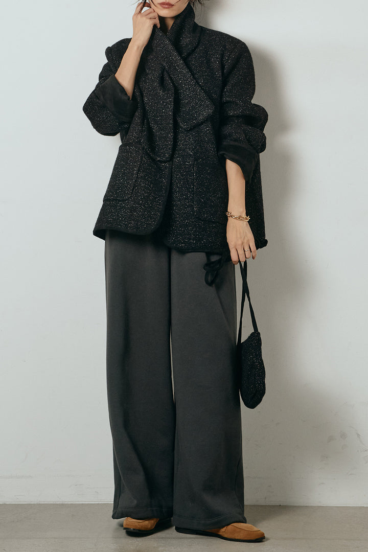 [SET]ノーカラーマフラーバッグ付きアウター+裏起毛スウェットワイドパンツ(2set)